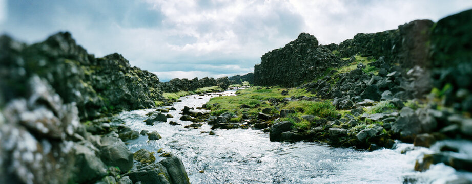 Panoramic view of river flowing from the &Ouml;xar&aacute;rfoss waterfall or Oxararfoss waterfall at Thingvellir national park in the golden circle, iceland, Scandinavia, Europe..
