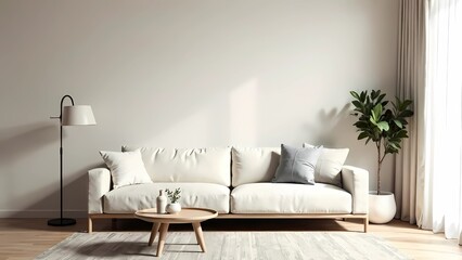Modern, well-lit living room with stylish white sofa and indoor plants