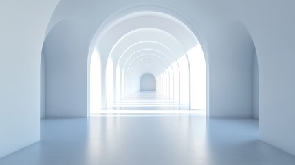 Obraz premium Endless white arched hallway with light at the end.