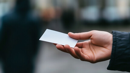Hand holding blank white card outdoors.