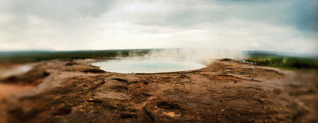 Panoramic view of Geyser thermal spring, Haukadalur geothermal area, Golden Circle, Southern Iceland, Iceland, Scandinavia, Europe.