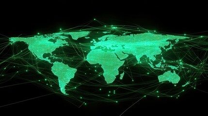 Green glowing world map with network connections on black background.