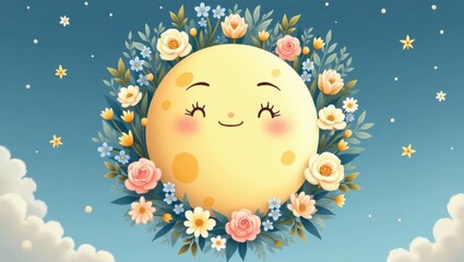 A serene and dreamy illustration of the Good Night Moon characters surrounded by a lush, vibrant flower wreath, set against a soft, gradient blue background that evokes a sense of twilight. The moon, 