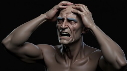 A highly detailed 3D rendering of a middle-aged man with a gaunt expression, his face contorted in agony, clutching his forehead with both hands as if trying to alleviate the excruciating pain. His ey