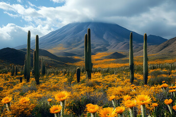 Desert landscape with blooming yellow flowers, tall cacti, and a majestic volcano under a partly cloudy sky.