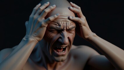 A highly detailed 3D rendering of a middle-aged man with a gaunt expression, his face contorted in agony, clutching his forehead with both hands as if trying to alleviate the excruciating pain. His ey