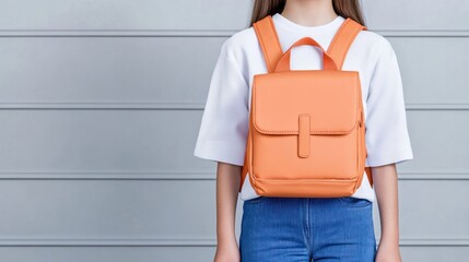 A person wearing a stylish orange backpack against a gray backdrop.