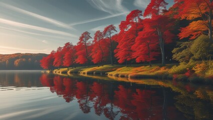 A tranquil autumn lake scene with vibrant red trees standing tall along the water's edge, their branches stretching towards the sky, reflected perfectly in the calm lake's surface, surrounded by lush 