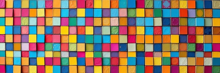 Colorful geometric pattern with a central blue square in a wall of squares, abstract, wallpaper