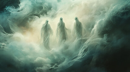 Ethereal Group of Ghostly Entities Enveloped in Misty Blue Light: Artistic Interpretation of the Supernatural Realm