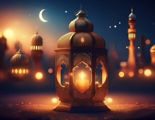 mosque in night, Arabic lantern with candle at night for Islamic holiday. Muslim holy month Ramadan.