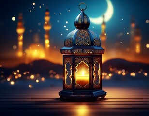 lantern in the city, Arabic lantern with candle at night for Islamic holiday. Muslim holy month Ramadan.