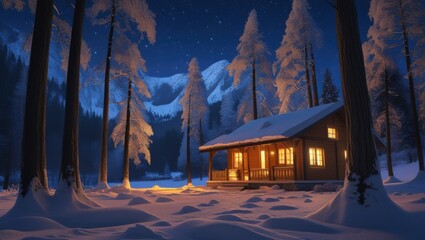 A serene nighttime scene set in a secluded snowy forest, where a warm and cozy cabin stands amidst towering trees, their branches heavy with the weight of fresh snowfall. The cabin's wooden exterior i