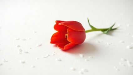 A solitary, vibrant red tulip blossom, its delicate petals slightly curled and radiating from the center, sits elegantly on a pristine, snow-white background, its subtle texture providing a subtle con