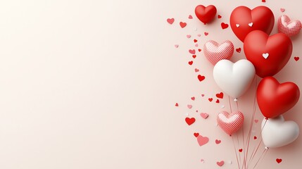 A vibrant arrangement of red and pink heart-shaped balloons floats on a soft pastel background, evoking feelings of love, joy, and celebration, perfect for romantic occasions.