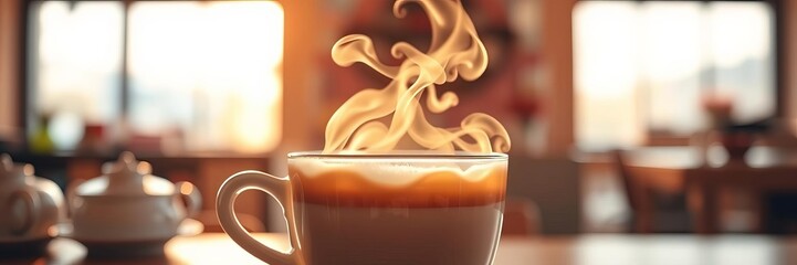 Closeup of fresh milk poured into steaming coffee creating a rich and creamy swirl, against a vibrant cafe backdrop, in superrealistic photography, coffee, photography