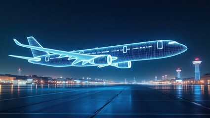 A sleek, metallic wireframe cargo plane with glowing blue accents and subtle augmented reality patterns overlaid onto its structure hovers above a futuristic, high-tech virtual airport environment, co