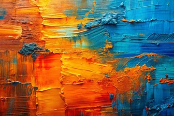 Abstract Orange Blue Oil Painting Texture Background: Square Overlapping Layers with Brushstrokes and Pallet Knife