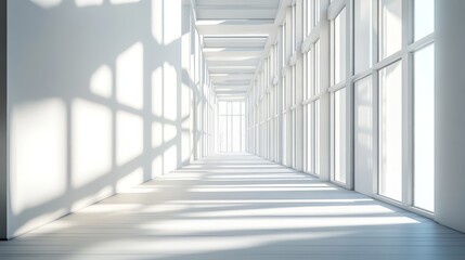 Fototapeta premium Sunlight streams through windows in a long, bright white corridor.