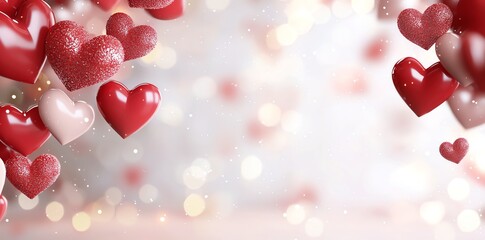 Obraz premium Romantic scene with red and pink hearts floating against a dreamy background, creating a sense of love and Valentine's Day celebration, ideal for romantic themes.