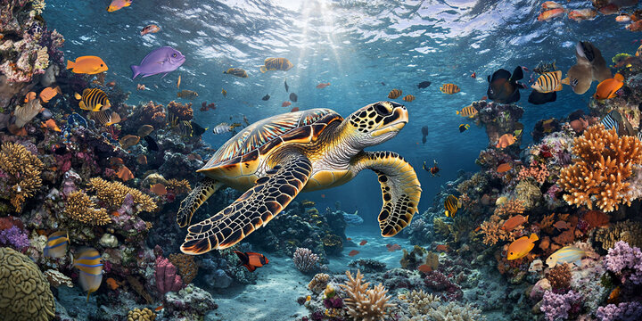 Hawksbill sea turtle swimming in vibrant coral reef.