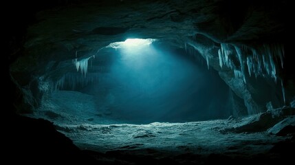 Mysterious dark cave interior with light beam, icy formations.
