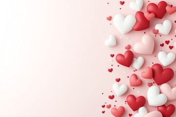 A charming collection of red and white 3D hearts cascading down a soft pink background