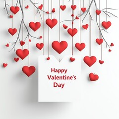 Creative Valentine's Day card design featuring red hearts hanging from branches on a white background. Perfect for romantic occasions and celebrations.