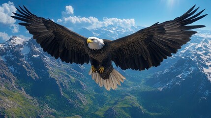Obraz premium Bald Eagle Soaring Over Majestic Snow Capped Mountains and Lush Green Valleys in Clear Blue Sky