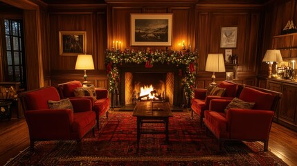 Fototapeta premium A cozy living room with a glowing fireplace, festive Christmas decor, and comfortable seating, making it the perfect setting for a holiday gathering.