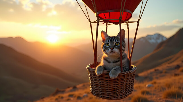 A tabby kitten enjoys a breathtaking hot air balloon ride above majestic mountains at sunset.  A truly unforgettable adventure!