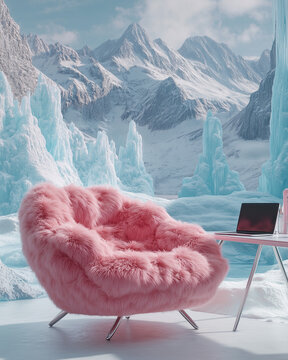 A cozy pink furry chair set against a backdrop of icy-blue glaciers and snow-capped mountains. A sleek table with a laptop , blending warmth with a serene frozen landscape, Generative AI