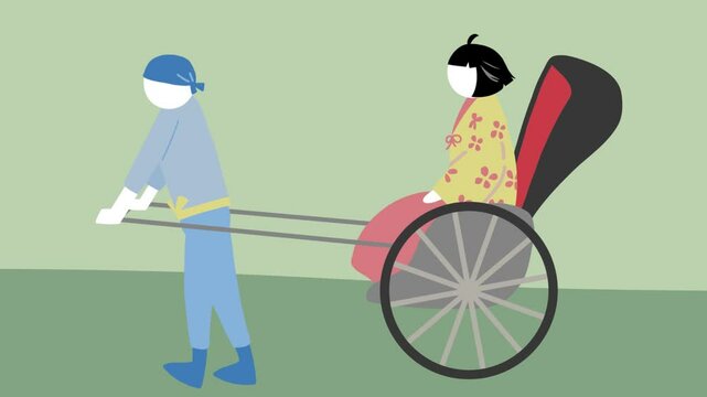 日本の和服を着た女性を人力車に乗せて引っ張っていく男性の動画ビデオイラスト素材