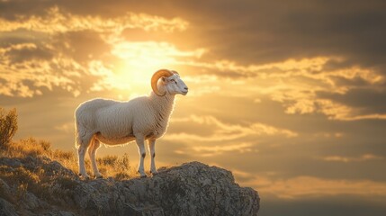 Fototapeta premium A dramatic capture of a lone Dall sheep ram, bathed in golden sunlight, standing on a cliff edge with the sky stretching endlessly behind.
