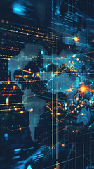 Obraz premium A detailed digital world map with radiating lights at key points, symbolizing data flow and global interconnectivity 