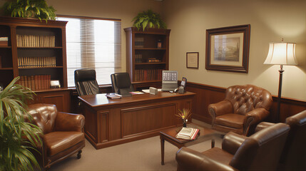 Presidential office interior. Modern consultation office interior. Law firm office with bookstore. Private library room with books