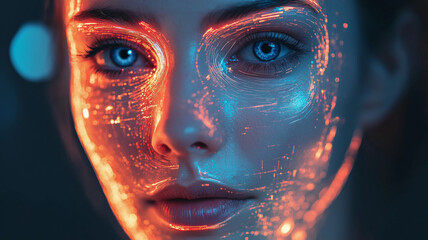 A futuristic close-up of a face illuminated by glowing orange and blue neon patterns, representing advanced technology and innovation.