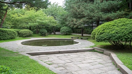Peaceful Garden Pathway with Serene Water Feature Surrounded by Lush Greenery