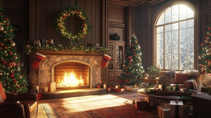 A festive living room interior with a warm fireplace, surrounded by holiday decorations and Christmas accents, creating a joyful atmosphere.