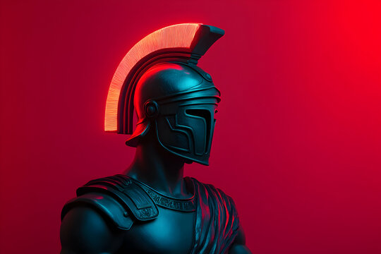 Retro futuristic roman soldier bust with glowing helmet is posing on a vibrant red background, creating a striking contrast between ancient history and futuristic elements