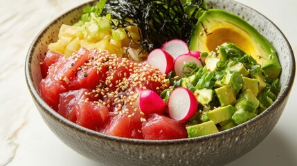 Poke bowl with fresh tuna, avocado, radishes, sesame seeds, and seaweed