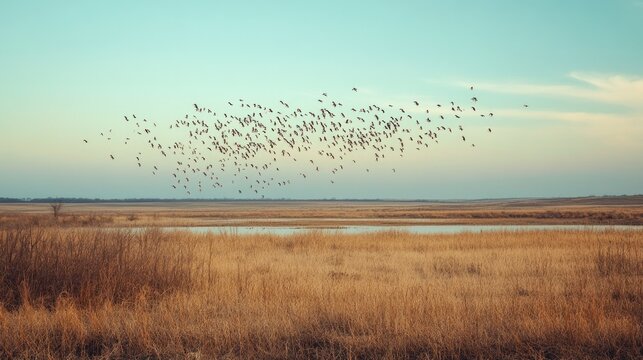A flock of Northern Bobwhites gathering at a waterhole in Texas, the dry grasslands stretching into the distance.