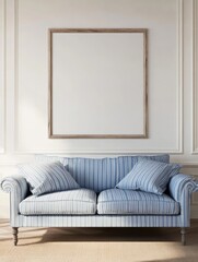 Fototapeta premium Blue Striped Sofa with Wooden Framed Blank Canvas