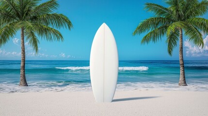 Empty Surfboard in Bright Tropical Beach with Palm Trees and Ocean