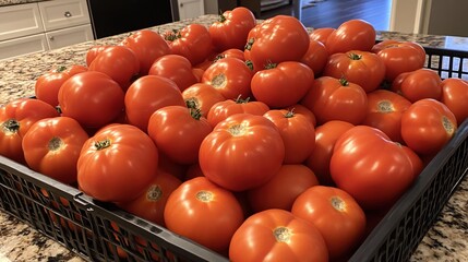Freshly Harvested Red Tomatoes in a Black Basket on a Kitchen Countertop