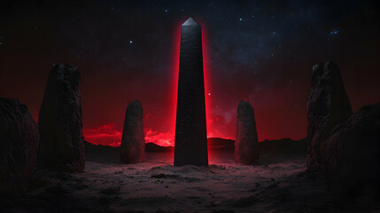 Luminous obelisk rising amid weathered menhirs, glowing against crimson clouds and starry nocturnal expanse, embodying mysterious prehistoric technological landscape
