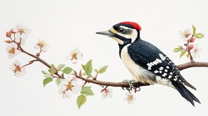 A Great Spotted Woodpecker perched on a branch in early spring, surrounded by budding leaves and blossoms.