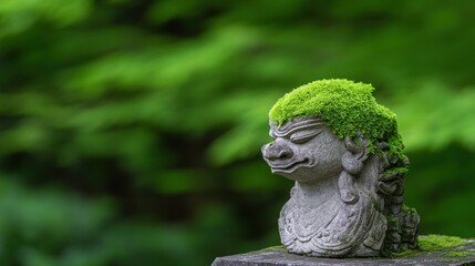 Stone sculpture covered in moss amidst lush greenery.