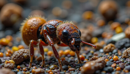 Macro shot of ants interacting on colorful ground