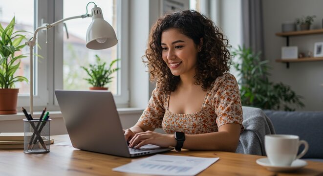 Smiling Woman Working on Laptop at Home Office 